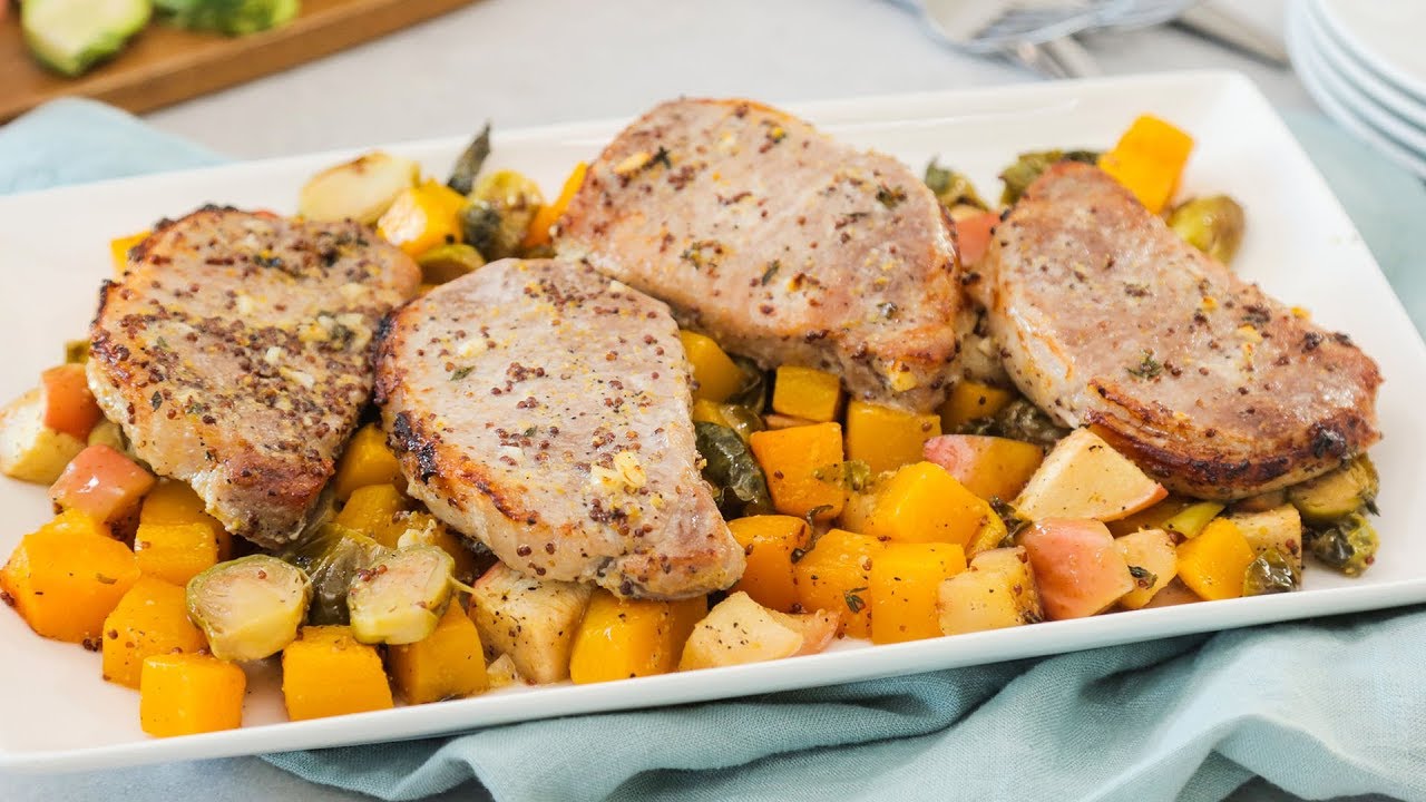 Maple Glazed Pork Chops with Apples, Butternut Squash & Brussels Sprouts Recipe | Healthy Meal Plans