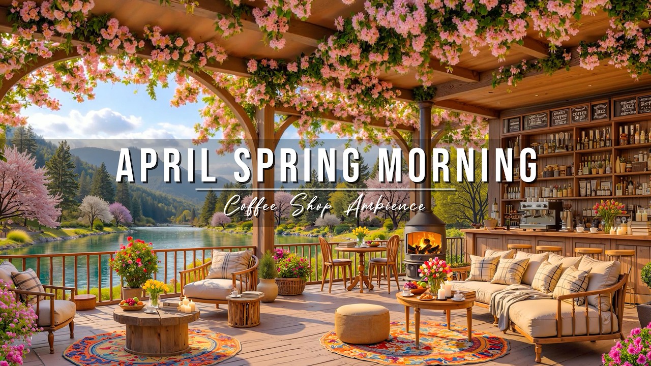 Warm April Spring Morning 🌸☀ Outdoor Coffee Shop Ambience ~ Jazz Relaxing Music for Stress Relief