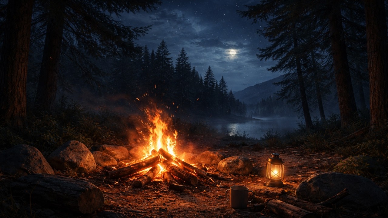 Cozy Night Campfire with Wind Sounds | Relaxing Sleep & Study Ambience