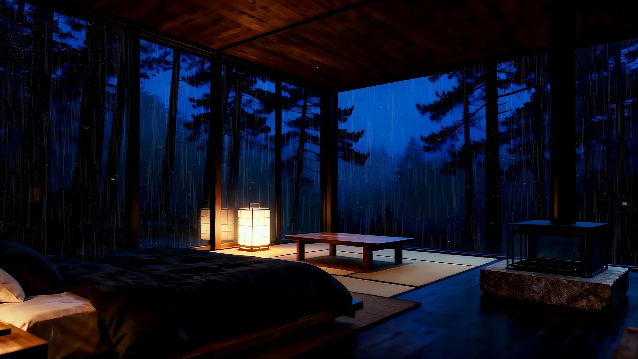 Overnight Heavy Rain for Insomnia | Dark Cabin Bedroom Sleep Sounds (No Talking)