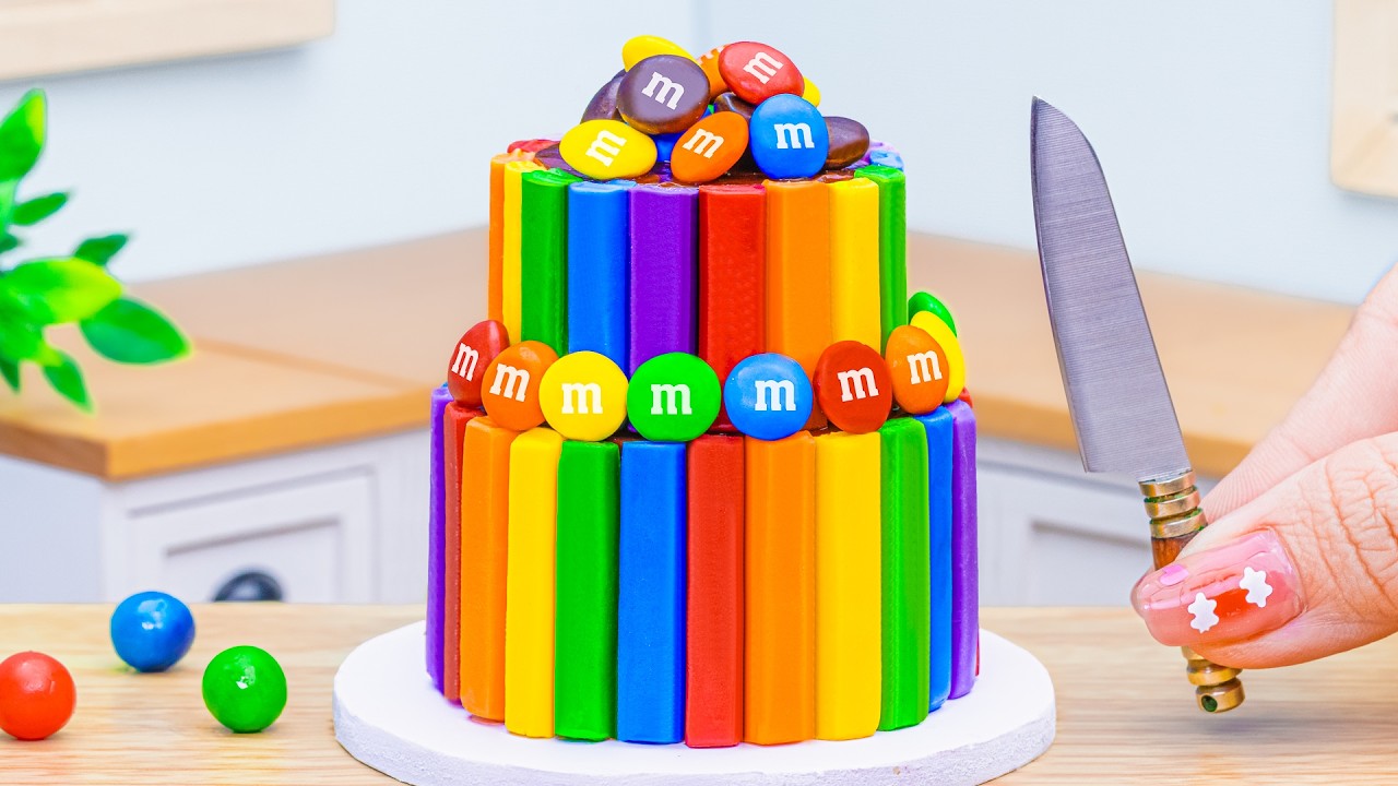 Miniature Two Tier Rainbow Cake Decorating With M&M Candy 🌈 Sweet Shop 😍