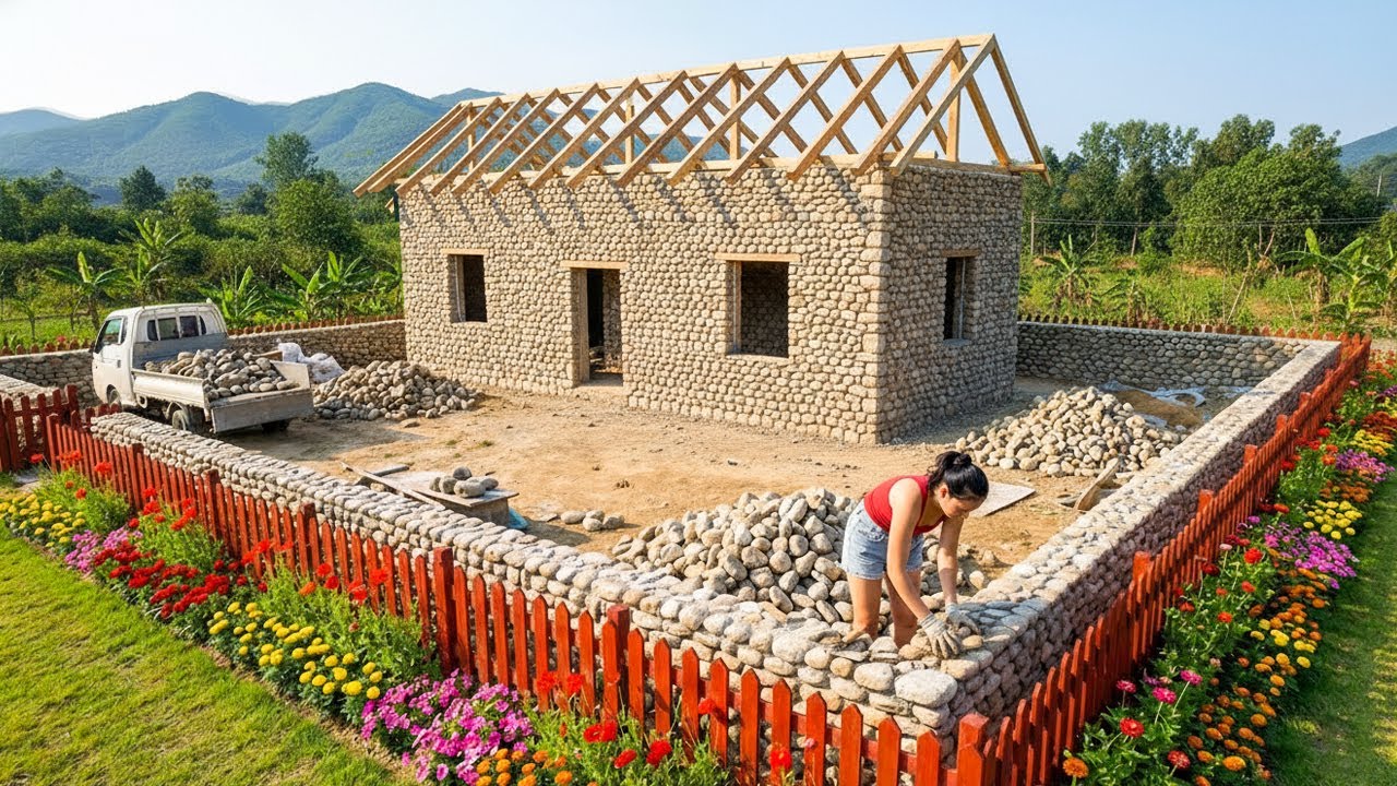 Talented Young Woman Builds a Dream Home in Nature with a Stone Bathroom Only