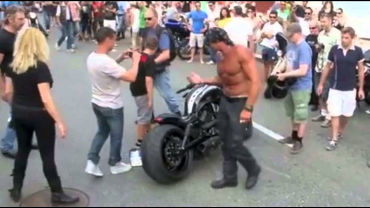 Funny Motorcycle Harley V-Rod Crash! - Euro Muscle Man Attempts to Save Face In Front of Audience