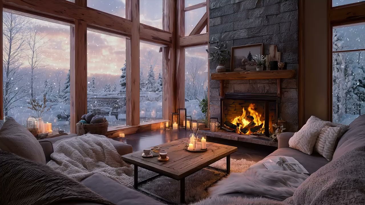 Snow drifts past dark windows ❄️ as indoor light holds the night in gentle balance