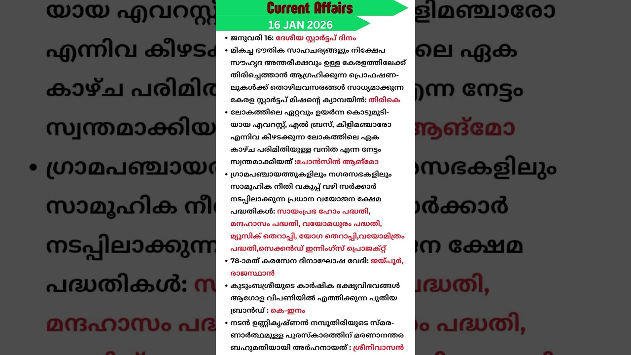 16 January 2026 Current affairs Malayalam Kerala PSC