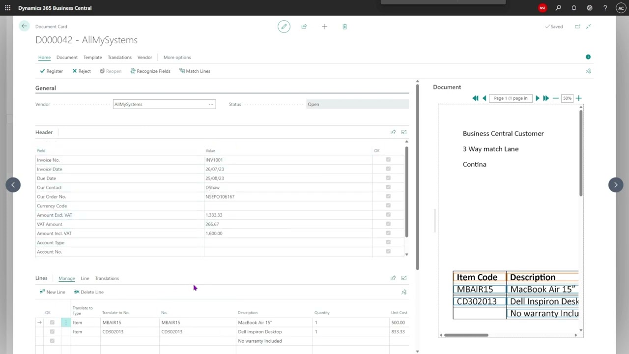 Three Way Matching in Business Central Using Continia Document Capture