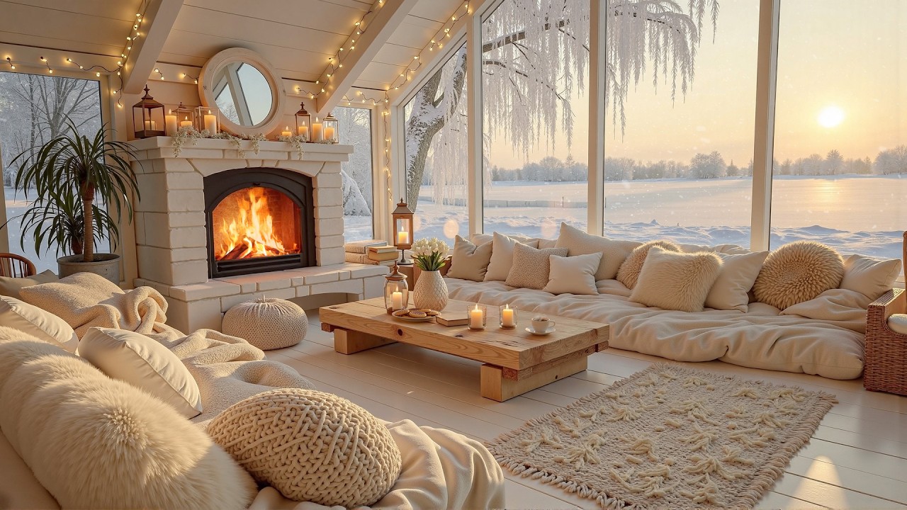 Warm Fireplace Jazz in a Cozy Lakeside Cabin ☕ Soft Sunrise Ambience for Reading & Deep Thinking