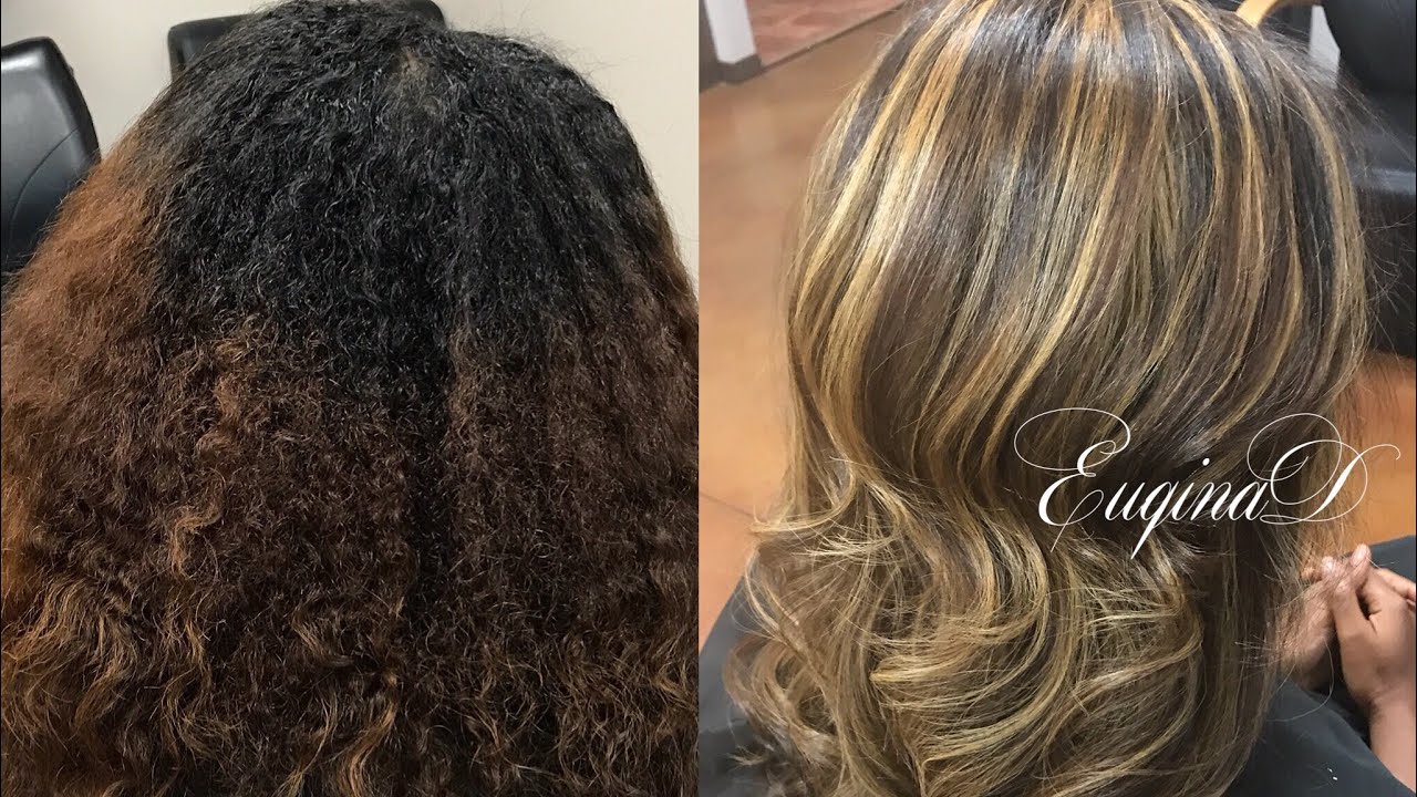 Natural Hair Chunky Highlights Blowdry and Flatiron