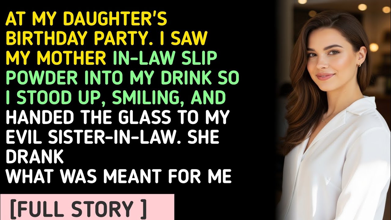 AT MY DAUGHTER'S BIRTHDAY PARTY. I SAW MY MOTHER IN-LAW SLIP POWDER INTO MY DRINK SO I STOOD UP...