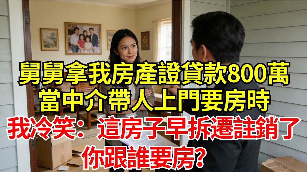 舅舅私自拿我房產證貸款了800萬，當中介帶人上門要房時，我冷笑：這房子早在三年前就拆遷註銷了，你跟誰要房？#婚姻#爽文#情感故事#女性逆襲#深夜故事