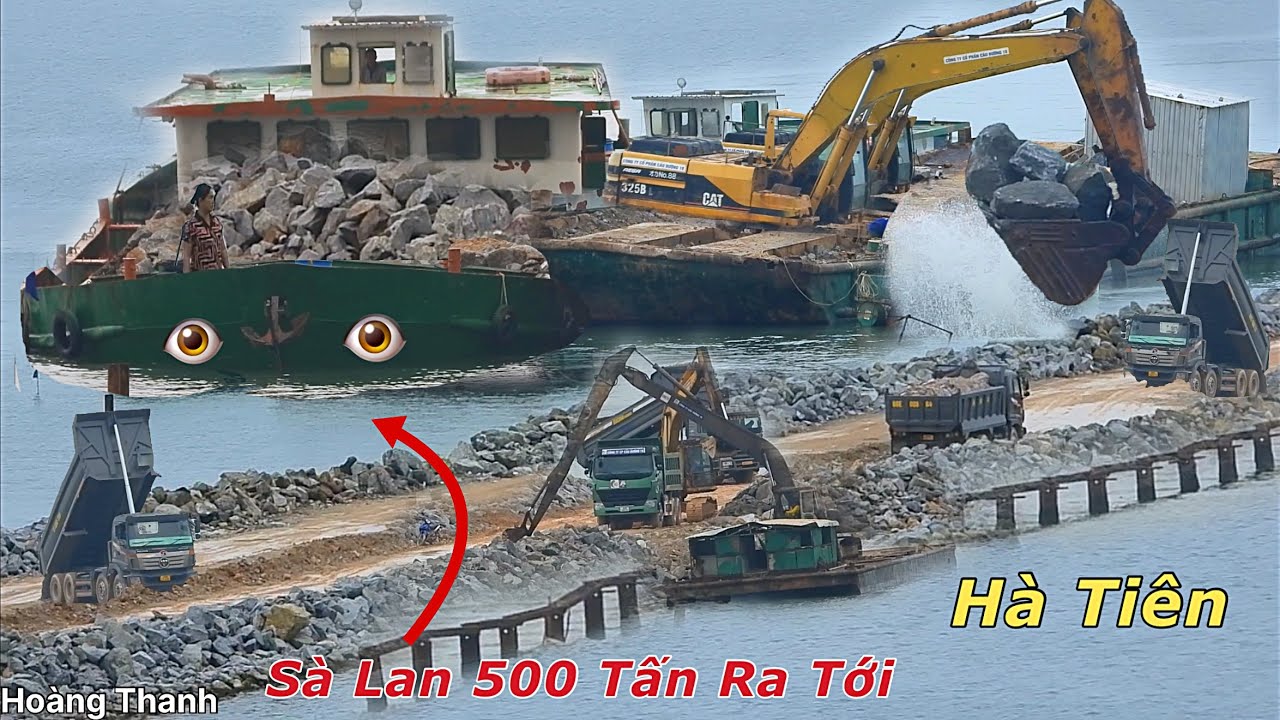 Đường Vượt Biển Hà Tiên Hôm Nay, Sà Lan chở 500 tấn đá cặp bến, trời mưa lớn gây khó khăn cho xe ben