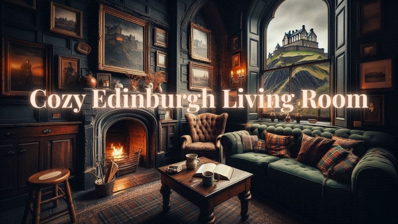 Rainy Day by the Fireplace | Cozy Edinburgh Living Room | Edinburgh Castle | Dark Academia