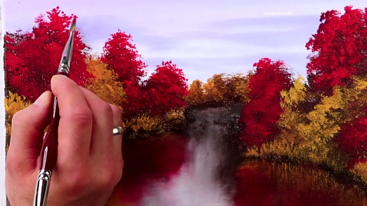 Red and Golden Trees Reflecting by the Lake with a Solitary Boat | Landscape Painting for Beginners