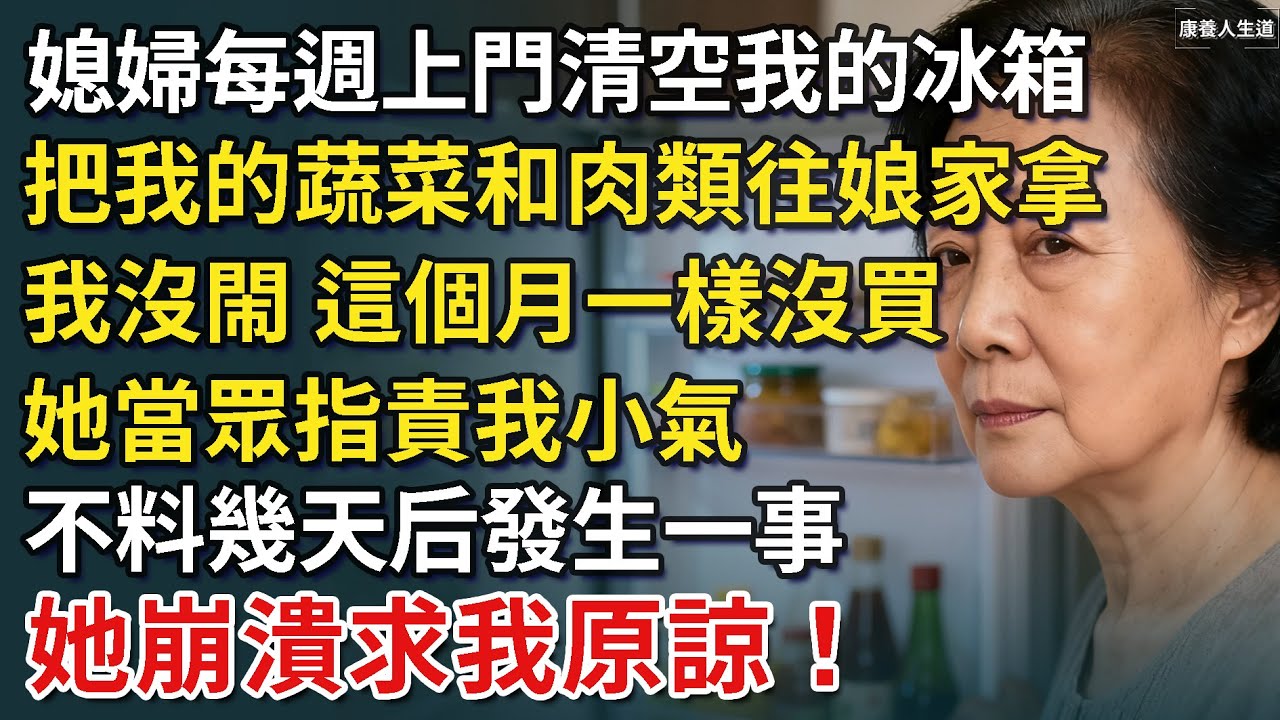 媳婦每週上門清空我的冰箱，把我的蔬菜和肉類往娘家拿，我沒閙 這個月一樣沒買，她當眾指責我小氣，不料幾天后發生一事，她崩潰求我原諒！【康養人生道】 #康養人生道 #上了年紀該明白的事 #養老 #聰明老人