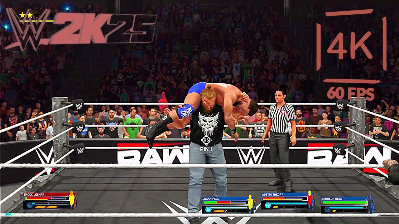 Wwe 2k25| Brock Lesnar vs Austin Theory,Logan Paul & Bronson Reed | 1 vs 3 Handicap | [4k60Fps ]