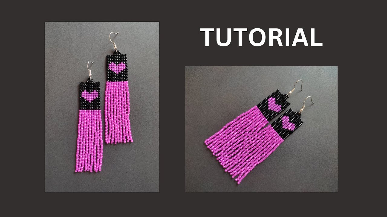 Heart bead earrings tutorial for beginners, square stitch and beaded fringe-pendants, diy earrings