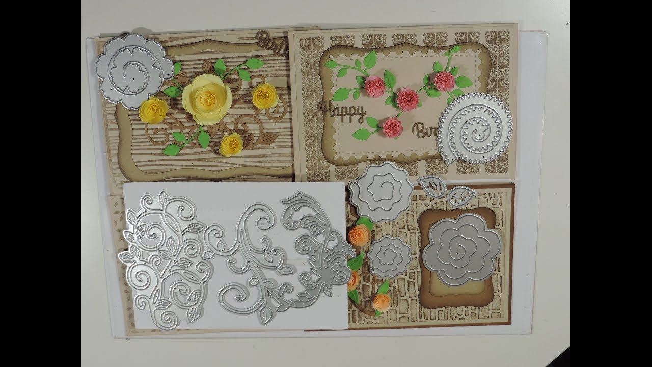 Card Making using Spiral Flowers and Squiggle Dies  on Tea Dyed Paper 