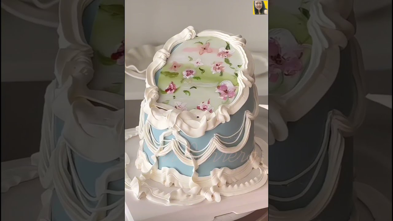 Baby blue Cylinder slide cut Cake with flowers Decorations