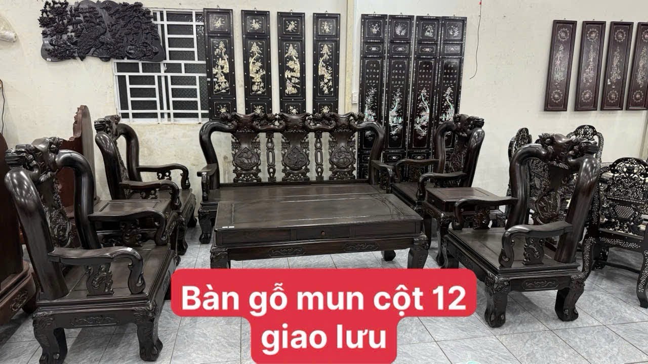 Báo giá bộ bàn gỗ mun cột 12, tranh tứ quý khảm ốc đẹp, bình hút lọc to, tủ thờ, đôn, đồ xưa Mekong