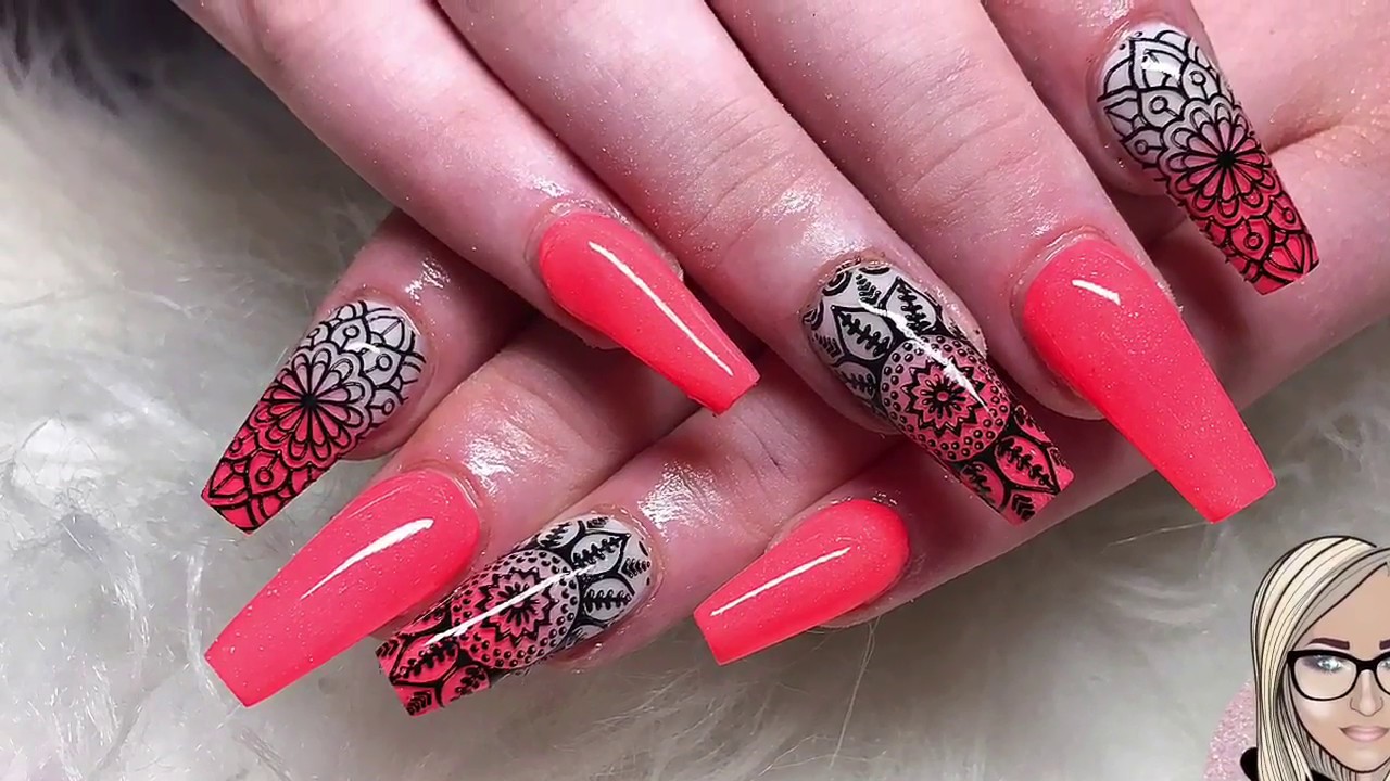 Summer acrylic nails ~ bright acrylic design ~ ombré nails ~ mandala stamping ~ cjp