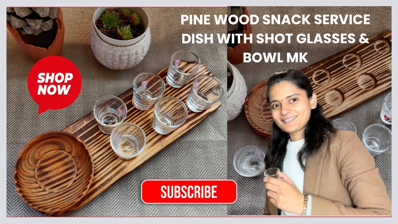 Pine Wood Snack Service Dish with Shot Glasses & Bowl MK