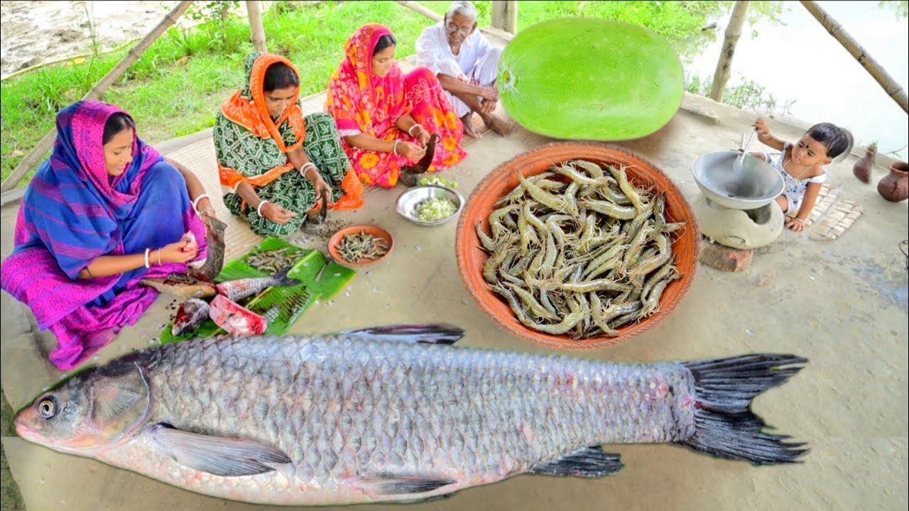 4 কেজি ওজনের ব্ল্যাককার্ফ মাছ কেটে মাছের ঝাল রান্না সাথে চিংড়িমাছ দিয়ে চালকুমড়ো রেসিপি আর খাওয়া
