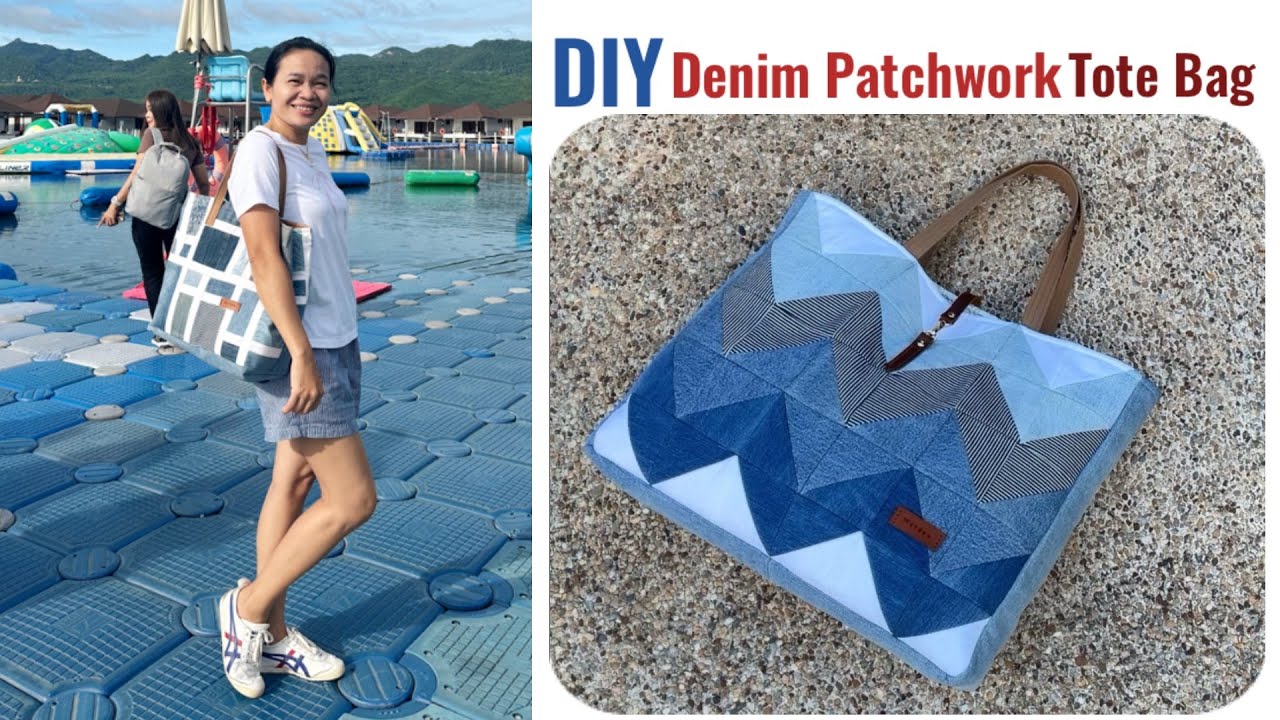 2 Ideas Denim patchwork tote bag tutorial from scrap old jeans , DIY Patchwork tote bag ideas