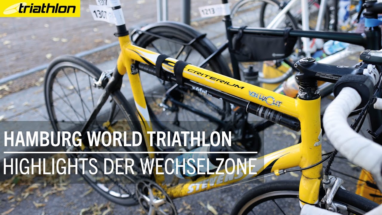 Zwischen Aero-Bike und Keksen auf dem Oberrohr: Die Wechselzone beim Hamburg World Triathlon 2024
