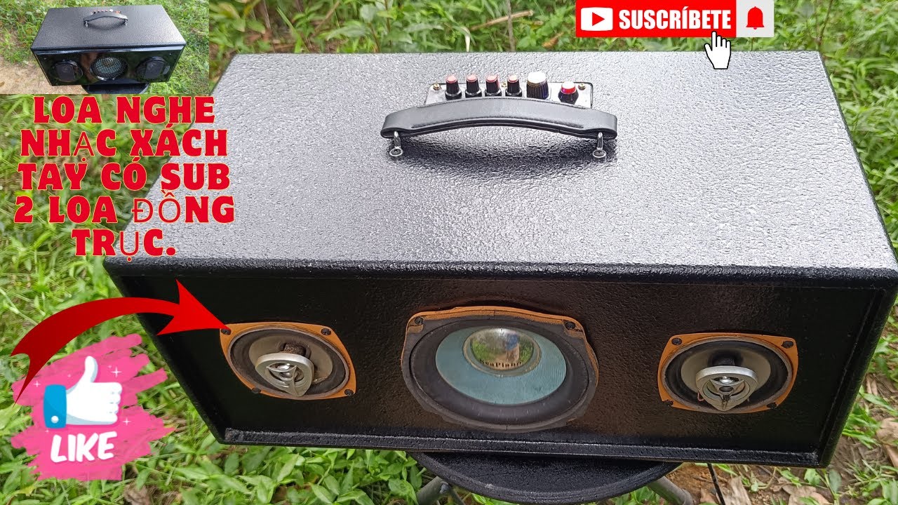 DIY portable speaker with subwoofer and two coaxial speakers.