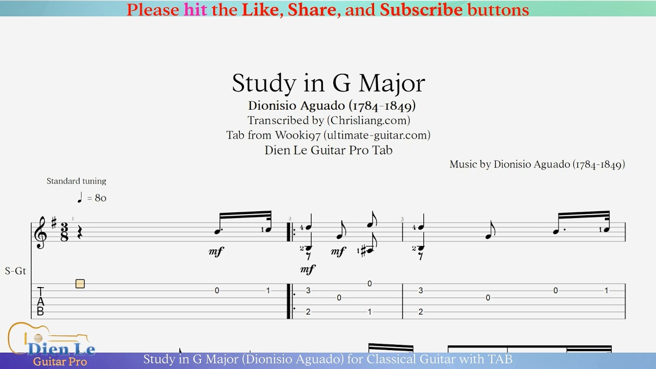 Study in G Major (Dionisio Aguado) for Classical Guitar with TAB
