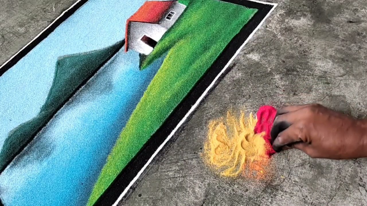 Beautiful Scenery Rangoli 👌Very Easy Poster Rangoli Design 💯 Step by Step Color Sheding Rangoli🙏🙏