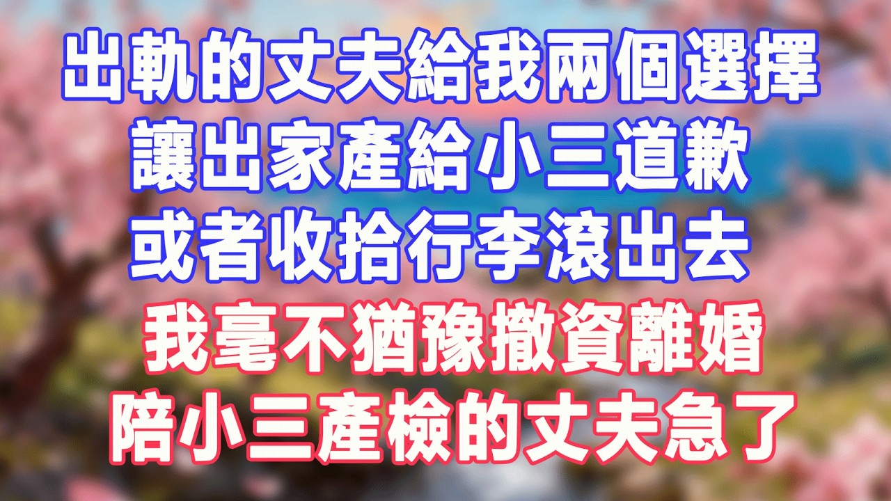 出軌的丈夫給我兩個選擇，讓出家產給小三道歉，或者收拾行李滾出去，我毫不猶豫撤資離婚，陪小三產檢的丈夫急了。#盼盼講故事 #為人處世 #生活經驗 #情感故事 #晚年哲理 #說故事 #完結