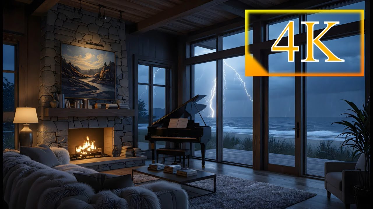 Storm at Luxury Beach House with Ambient Music | Thunder & Rain Sounds 4K
