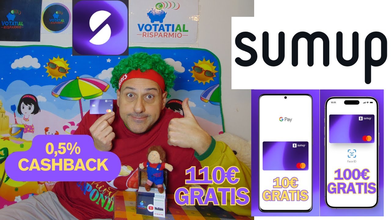 Sumup Pay 10€  più 100 gratis con inviti e 0,5 % di cashback sulla spesa carte cashback