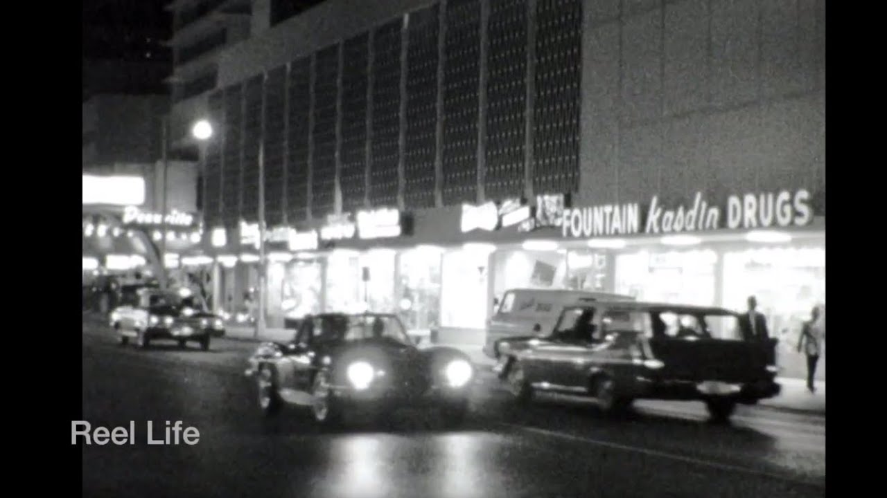 1960 Mystery reel! Tourist area at night, Miami, Florida