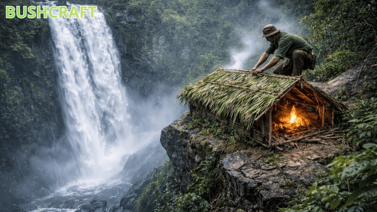 Living on the Edge: Building a Survival Shelter Beside a Deadly Waterfall | Extreme Bushcraft Skills