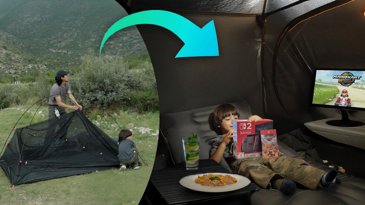 CAMPING de LUJO con MI HIJO cayó TORMENTA comida GOURMET y Swtich 2