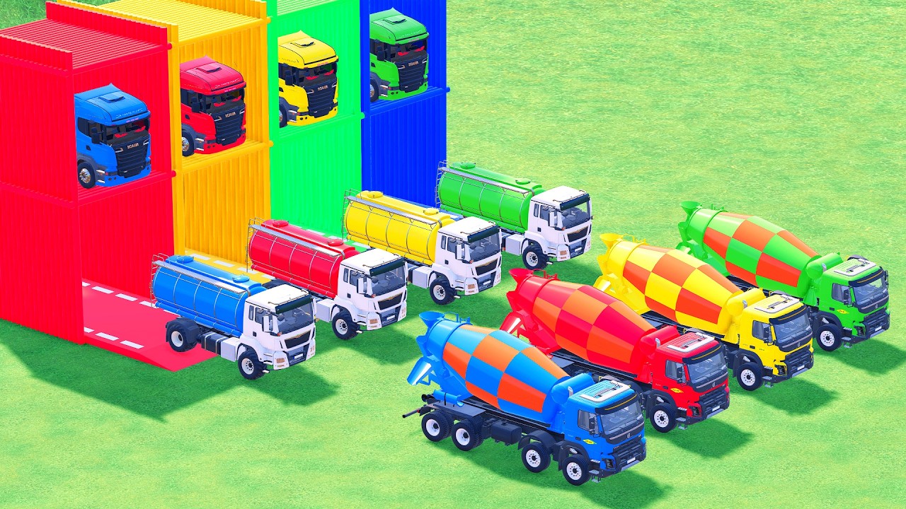 Garage with Colors - ALL MIXER TRUCK WITH DOUBLE FLATBED TRAILER TRUCK, SCANIA, MACK #80 - FS22