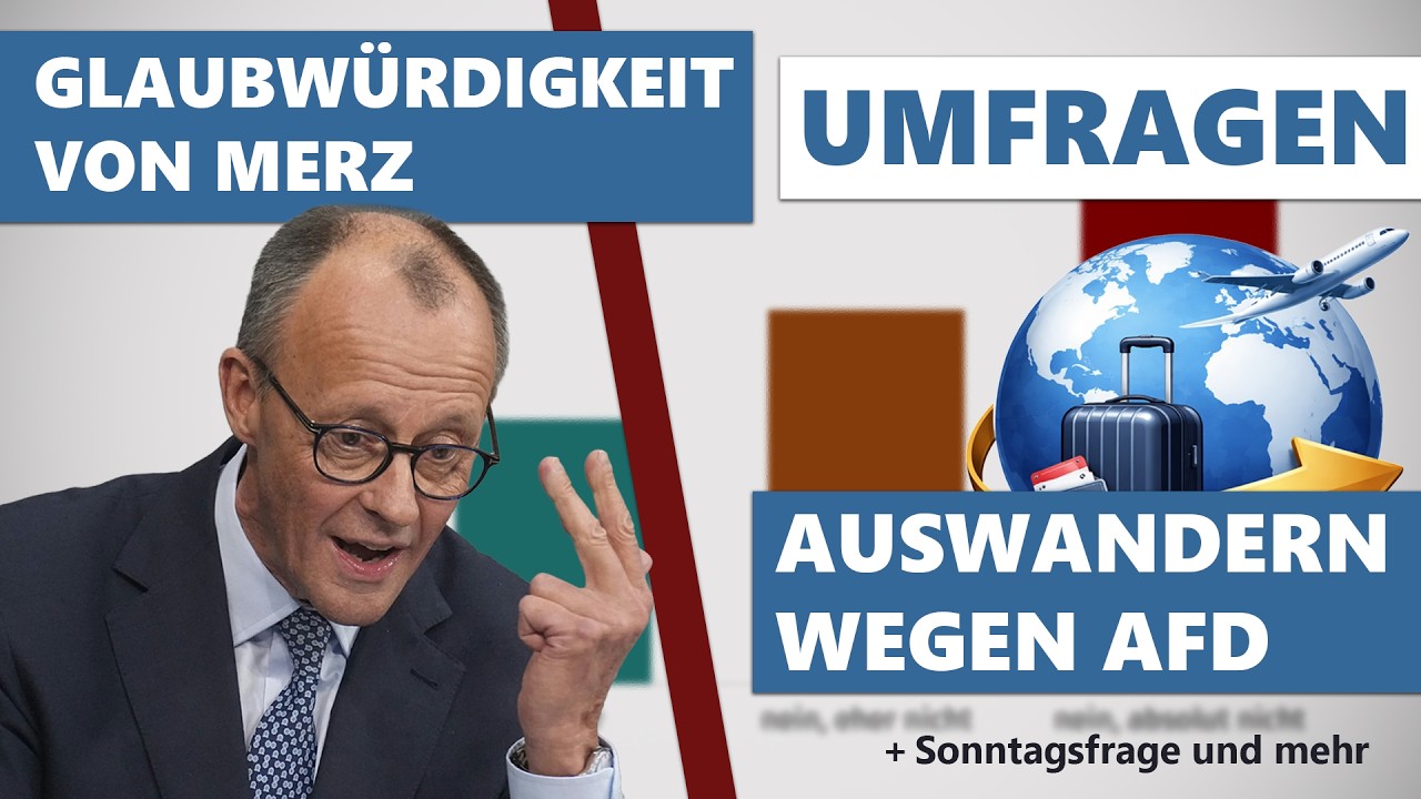 Aktuelle Umfragen: Sonntagsfrage, Glaubw&uuml;rdigkeit von Merz, Auswandern wegen AfD, Mehrheitsmeinung