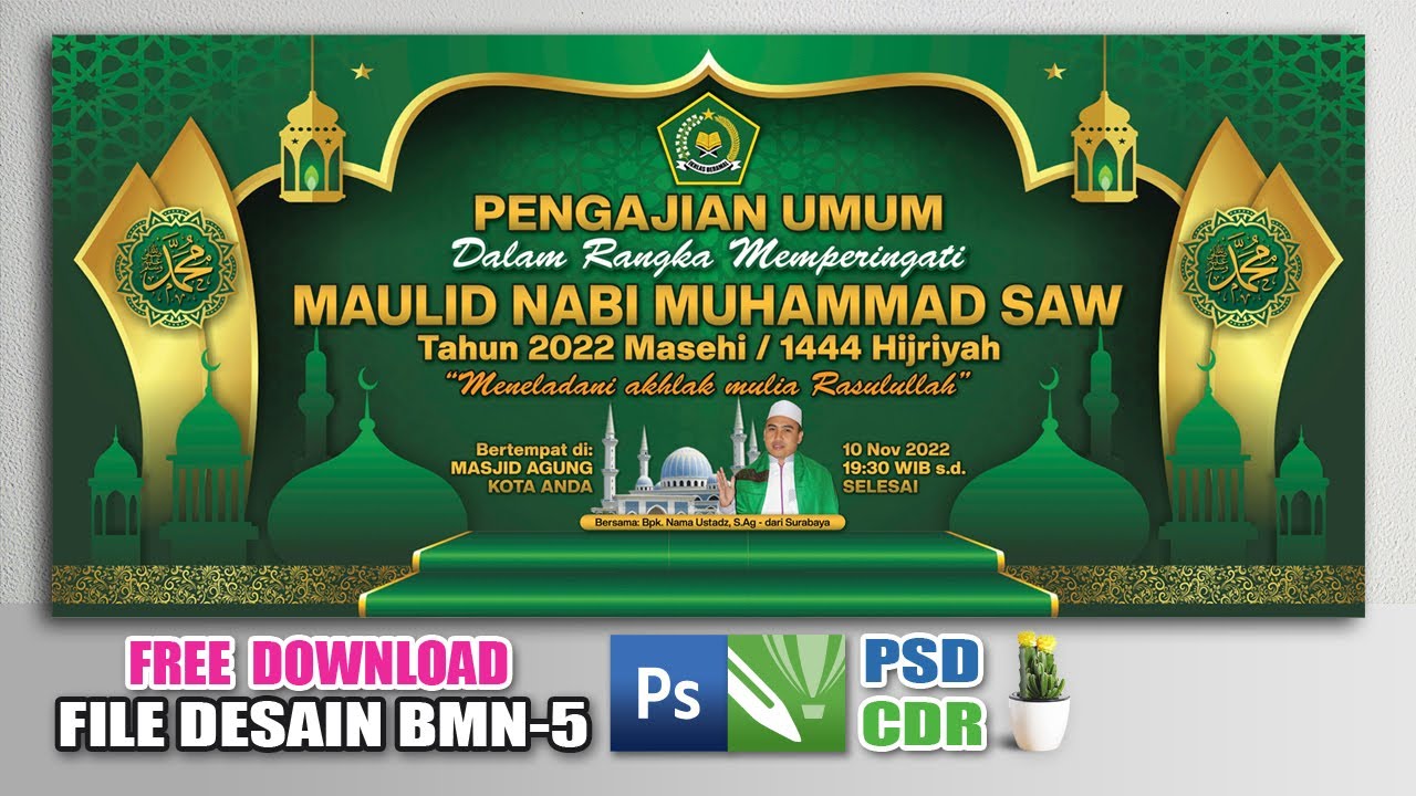 Desain Spanduk Maulid Nabi Muhammad SAW 1444 H || #backdrop  Pengajian Free Psd & Cdr No Password