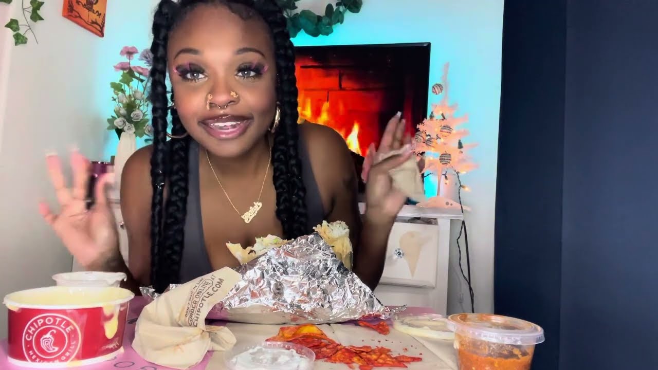 Huge chipotle burrito mukbang with side of Doritos and queso messy big bites