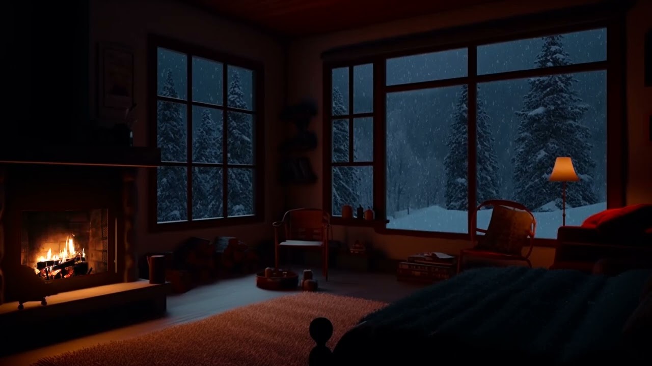 Relaxing Sound for Sleeping with Crackling Fireplace in Bedroom🔥Snow falling outside - Sounds ASMR