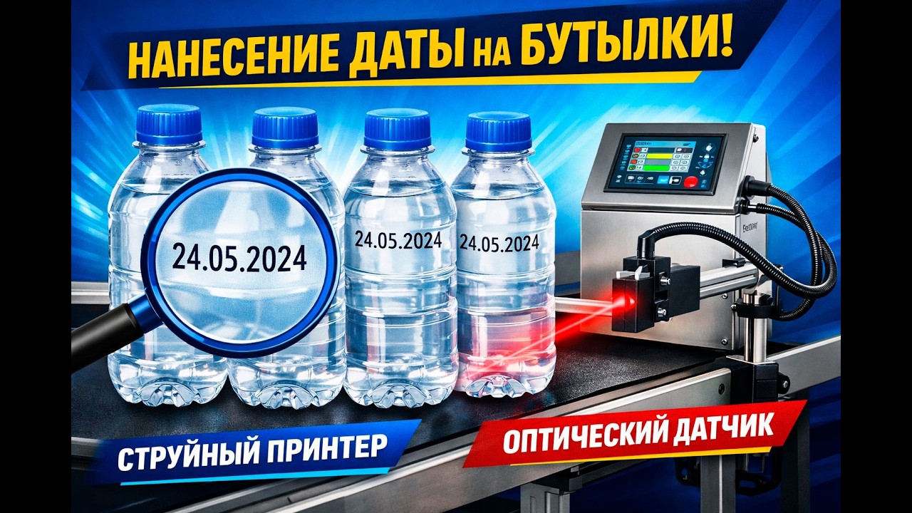 Конвейерный настольный маркиратор — нанесение даты на бутылочки (струйный принтер + датчик)