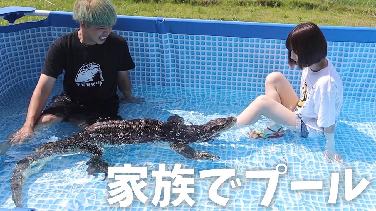 テン君(オオトカゲ)と一緒に巨大プールで遊んで餌あげ！！！