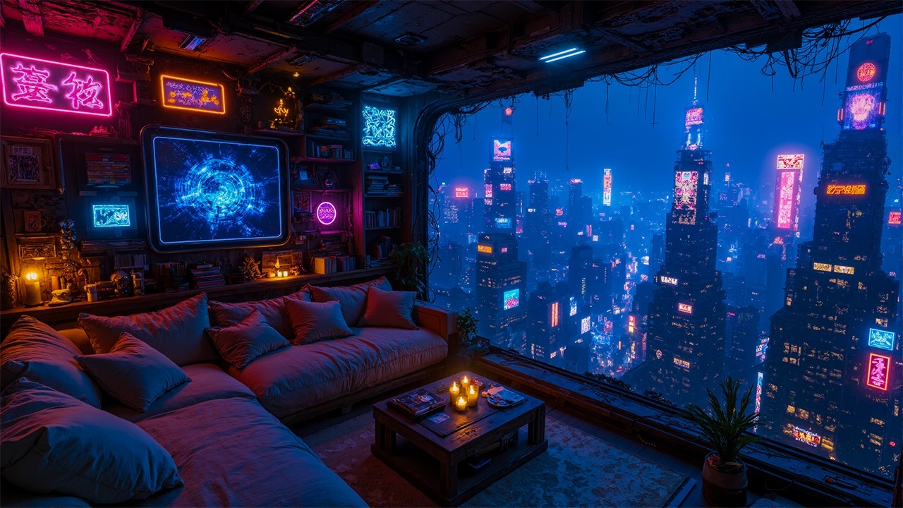 Cozy Cyberpunk Hideout 🌌 | Neon Megacity View, Retro Tech & Immersive Sci-Fi Ambience | 4K