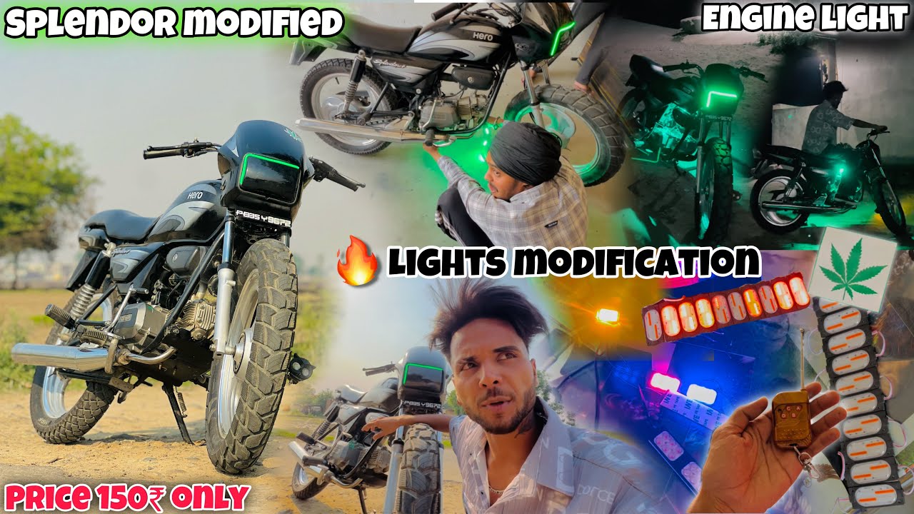 Splendor Lights Modification😍 || Cheapest Price 150₹ Only🔥 || Engine Light , Green Neon Light😱