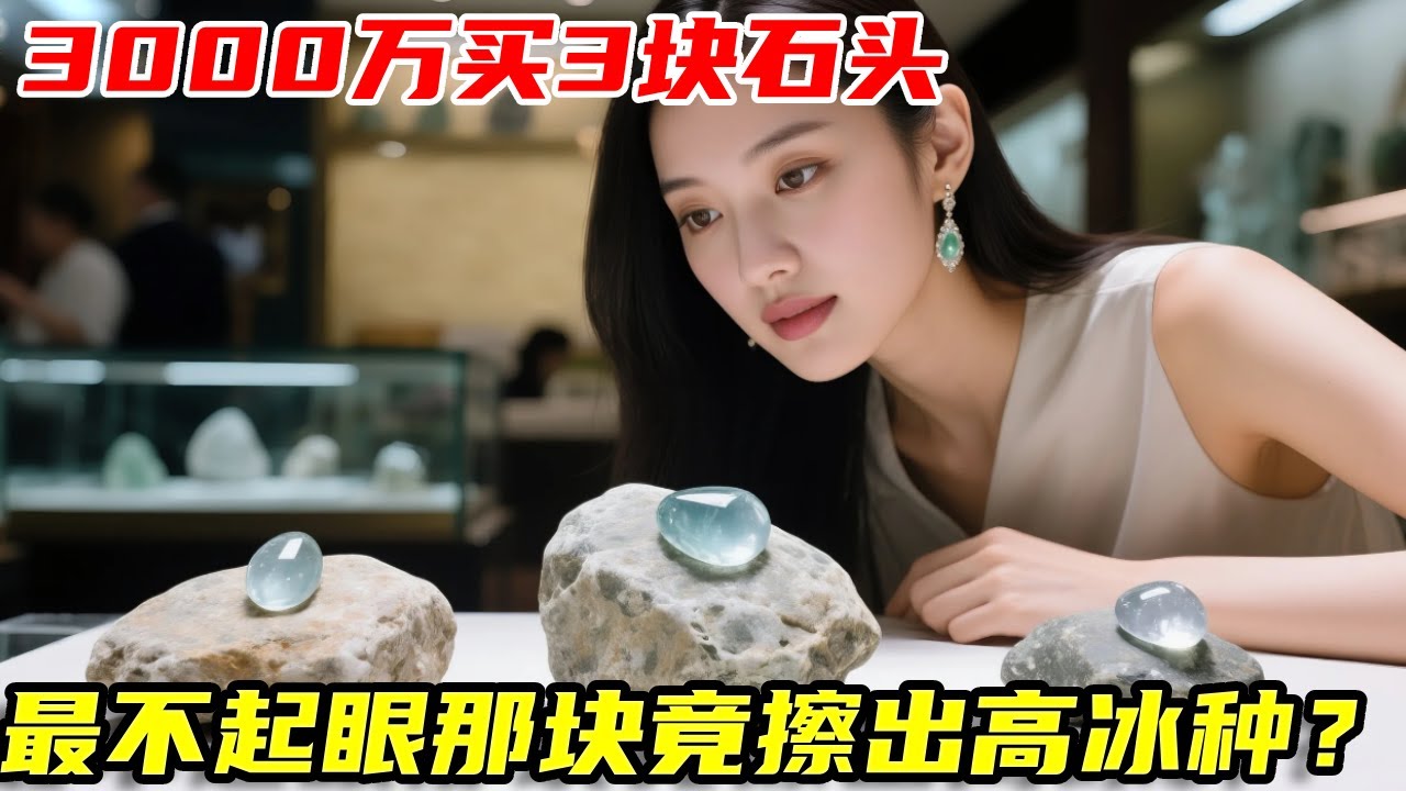 美女豪掷 3000 万购入三块石头，最不起眼小石竟擦出高冰种，赚翻了！#翡翠 #賭石#緬甸翡翠