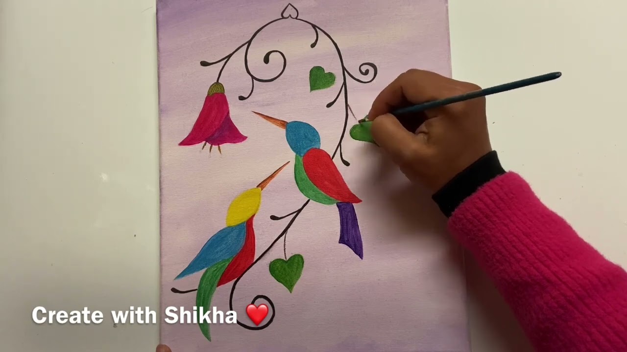 🎨 Рисуем вместе / рисуем разноцветных птиц на холсте / Радуга с Новым годом / акрил