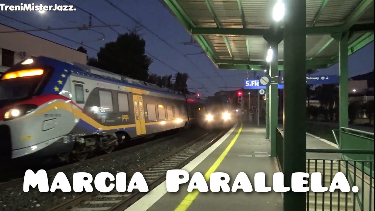 In un istante treni in  marcia parallela con sorpasso .Binari banalizzati .