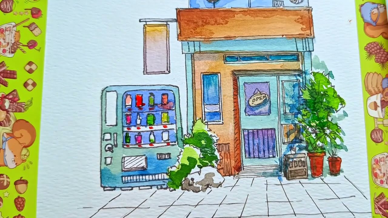 How to urban sketch cute pet shop with ink and watercolor? Step by step demo [ no talking ]